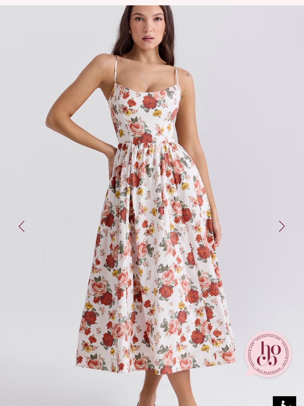 House of CB White Maxi Dress with Red & Green Floral Print